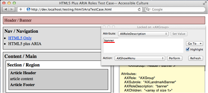 Screenshot of HTML5 plus ARIA roles test page being tested in Safari with Mac Accessibility Inspector.