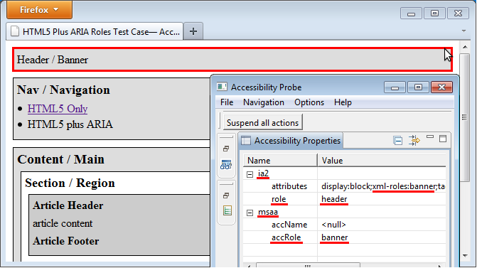 Screenshot of HTML5 plus ARIA roles test page being tested in Firefox with Accessibility Probe.
