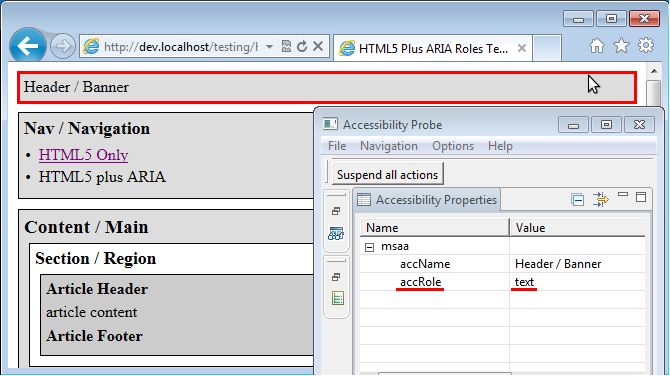 Screenshot of HTML5 plus ARIA roles test page being tested in IE9 with Accessibility Probe.